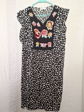3/$20-Black and White Boho Midi Dress with Embroidered Floral Bib, Empire Waist
